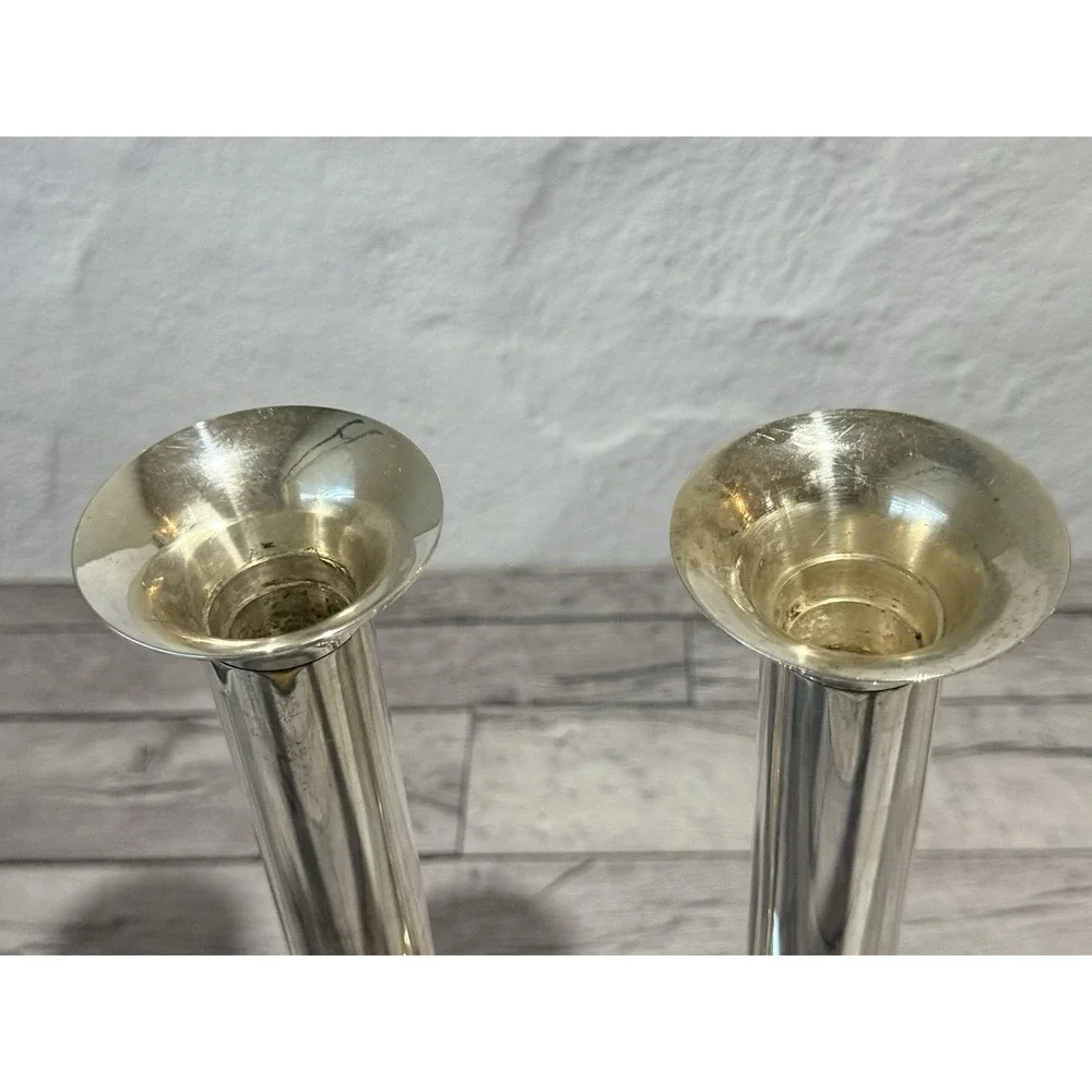 Vintage MCM Silver Plated Cylinder Candle Holders Cabochon Stone Accented Base